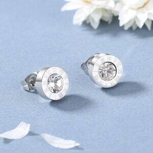 Stainless Steel Silver Round CZ Rhinestone Roman Numerals Men Women NWT